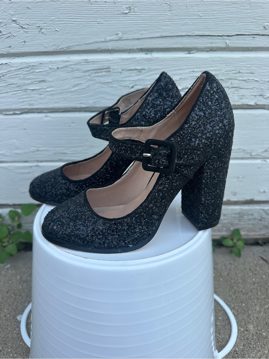 Shoes - Black Glitter Mary Jane Block Heel Pumps